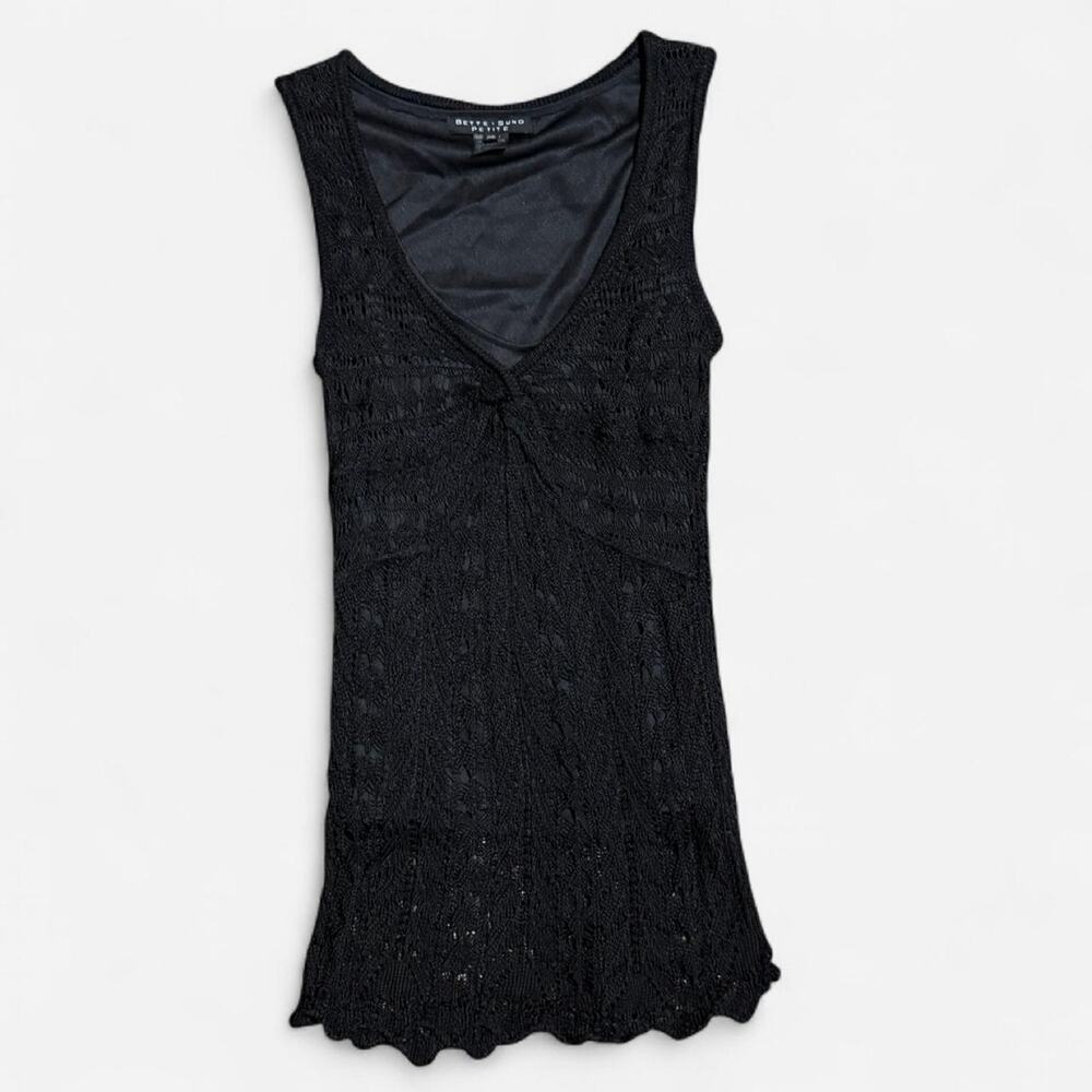 VTG Y2K Bette Sung Black Knit Crochet Overlay V Neck Form Fitting Fairy Top S - Picture 6 of 8